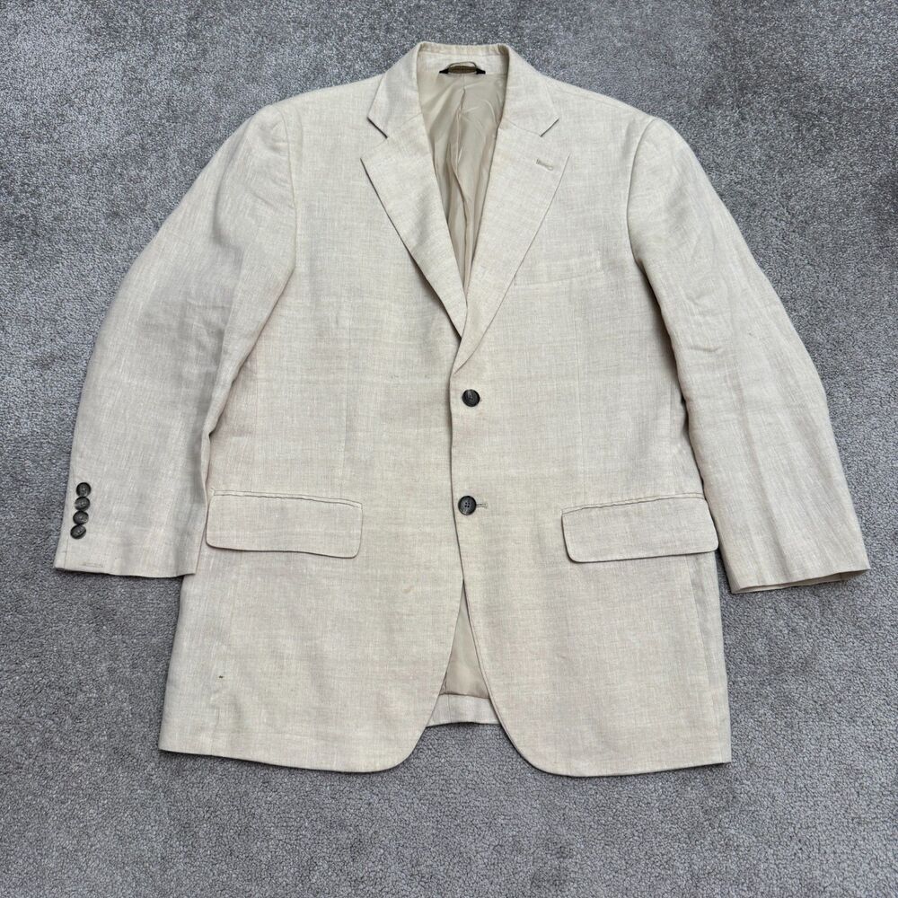 Tasso Elba 100% Linen Notch Lapel Two Button Blazer Jacket Mens Medium Beige